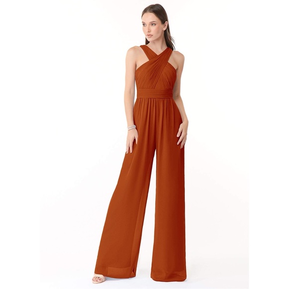 Azazie Pants - NWT Azazie Berdie Paprika Fitted Halter Wide Leg Chiffon Bridesmaid Jumpsuit